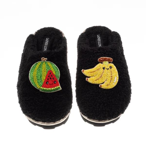 laines london Teddy Closed Toe Slippers With Laines Lovables Watermelon & Banana Brooches