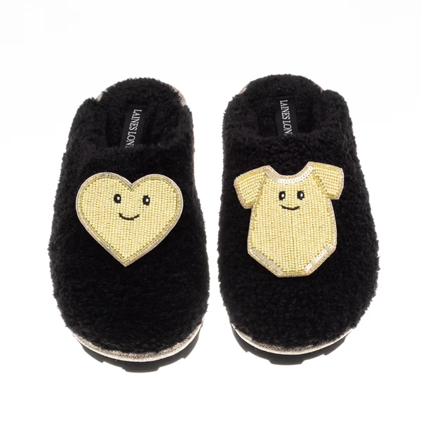 Laines London Teddy Closed Toe Slippers With Laines Lovables Yellow Love & Baby Grow Brooches