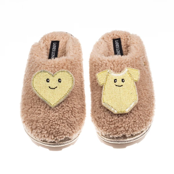 Laines London Teddy Closed Toe Slippers With Laines Lovables Yellow Love & Baby Grow Brooches