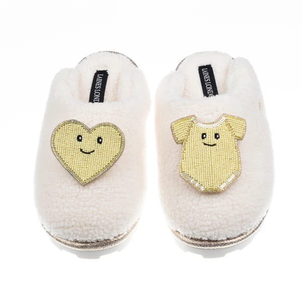 Laines London Teddy Closed Toe Slippers With Laines Lovables Yellow Love & Baby Grow Brooches