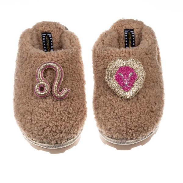 Laines London Teddy Closed Toe Slippers With Leo Star Sign Brooches