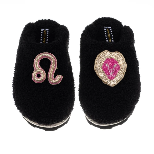 Laines London Teddy Closed Toe Slippers With Leo Star Sign Brooches