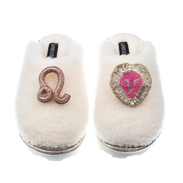 Laines London Teddy Closed Toe Slippers With Leo Star Sign Brooches