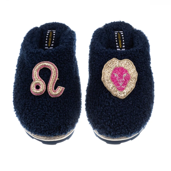 laines london Teddy Closed Toe Slippers With Leo Star Sign Brooches