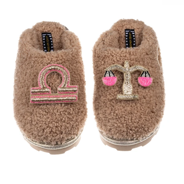 Laines London Teddy Closed Toe Slippers With Libra Star Sign Brooches
