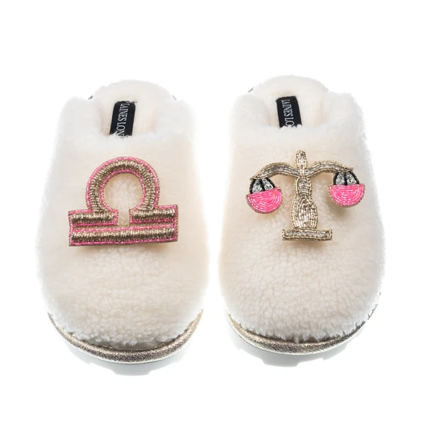 Laines London Teddy Closed Toe Slippers With Libra Star Sign Brooches