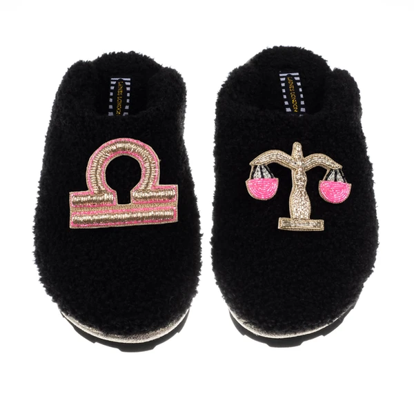 laines london Teddy Closed Toe Slippers With Libra Star Sign Brooches