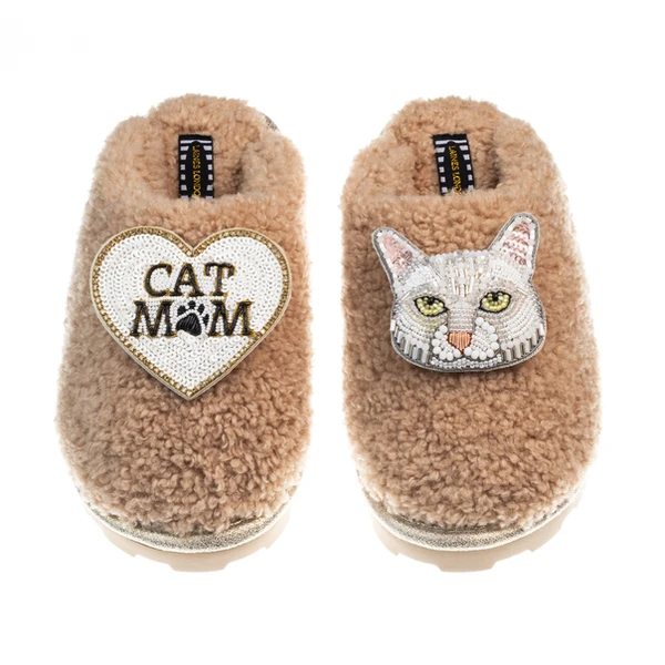 Laines London Teddy Closed Toe Slippers With Lily The White Cat & Cat Mum / Mom Brooches