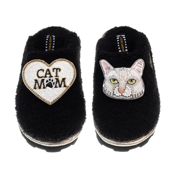 Laines London Teddy Closed Toe Slippers With Lily The White Cat & Cat Mum / Mom Brooches