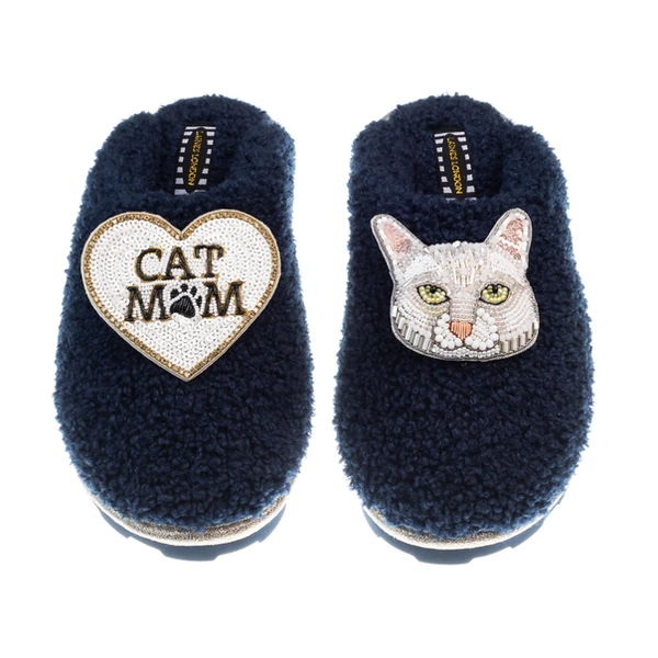 Laines London Teddy Closed Toe Slippers With Lily The White Cat & Cat Mum / Mom Brooches