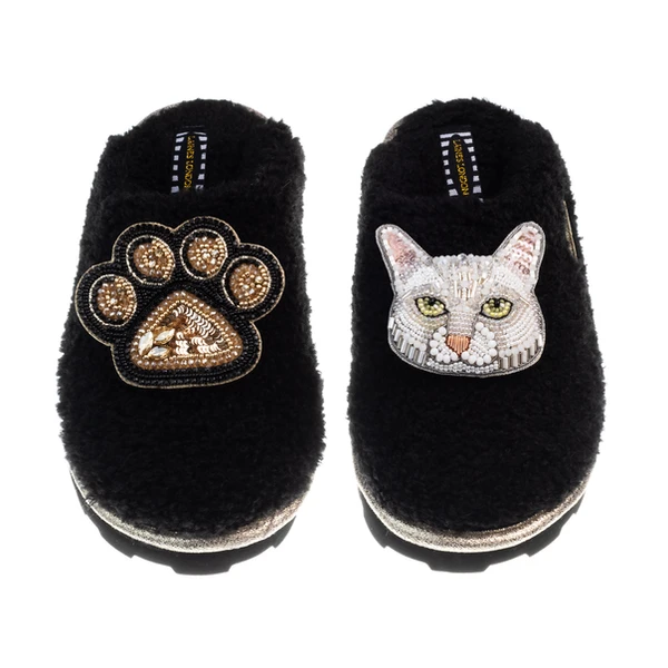 laines london Teddy Closed Toe Slippers With Lily The White Cat & Paw Brooches