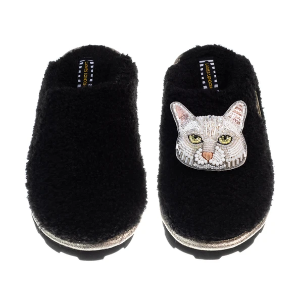 Laines London Teddy Closed Toe Slippers With Lily The White Cat Brooch