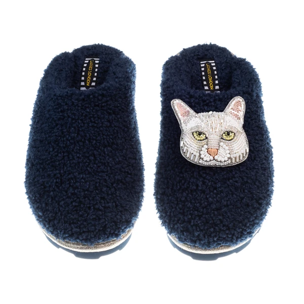 Laines London Teddy Closed Toe Slippers With Lily The White Cat Brooch