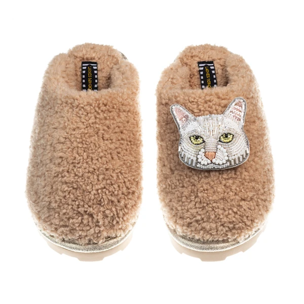 laines london Teddy Closed Toe Slippers With Lily The White Cat Brooch
