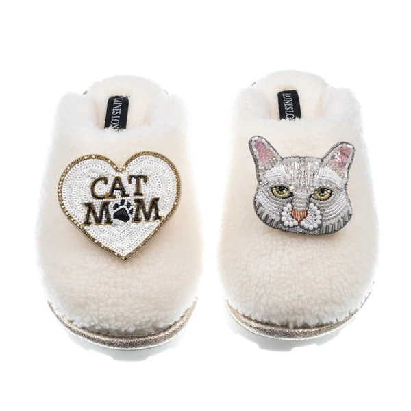 laines london Teddy Closed Toe Slippers With Lily The White Cat & Cat Mum / Mom Brooches