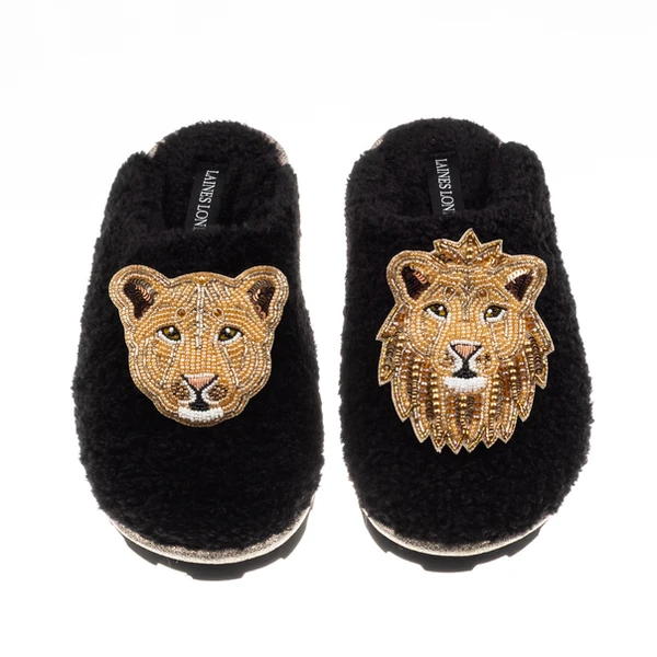 Laines London Teddy Closed Toe Slippers With Lion & Lioness Brooches