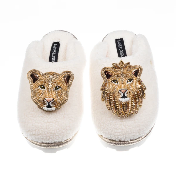 Laines London Teddy Closed Toe Slippers With Lion & Lioness Brooches