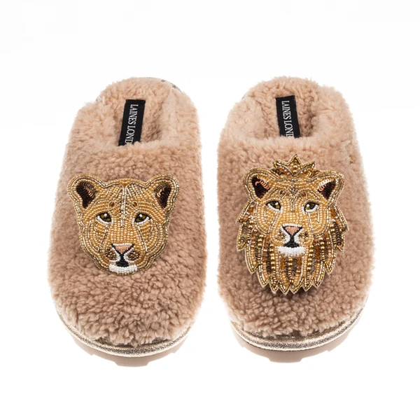 Laines London Teddy Closed Toe Slippers With Lion & Lioness Brooches