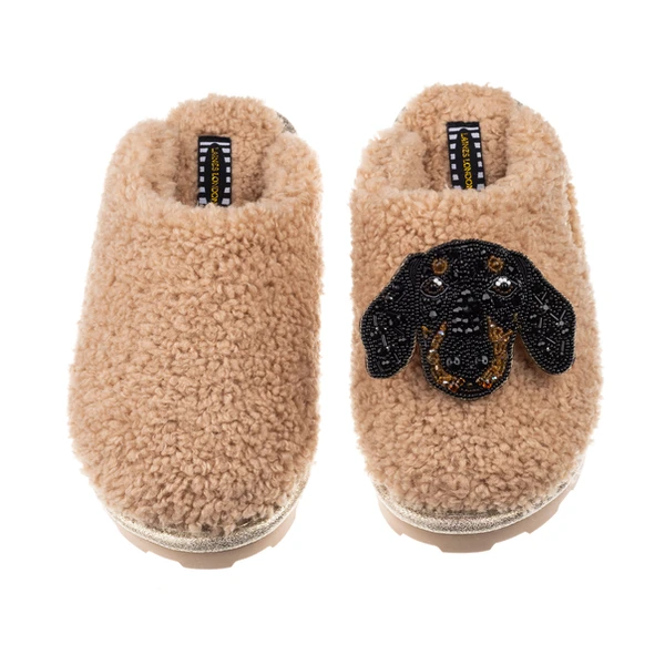 Laines London Teddy Closed Toe Slippers With Little Sausage Brooch