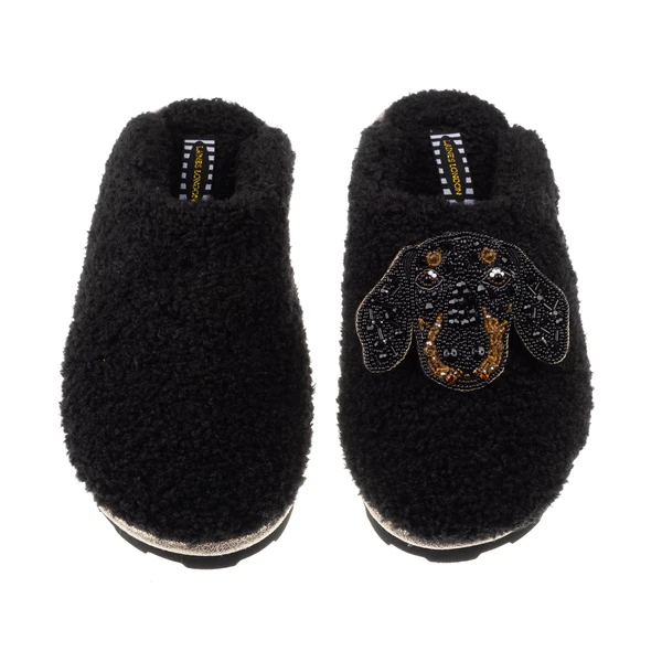 Laines London Teddy Closed Toe Slippers With Little Sausage Brooch