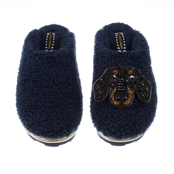 laines london Teddy Closed Toe Slippers With Little Sausage Brooch