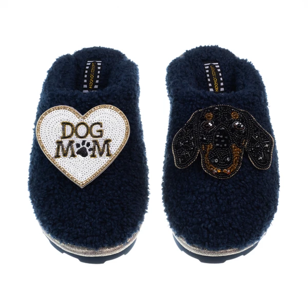 Laines London Teddy Closed Toe Slippers With Little Sausage & Dog Mum / Mom Brooches