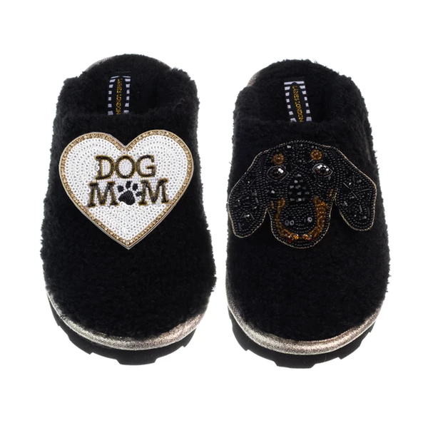 Laines London Teddy Closed Toe Slippers With Little Sausage & Dog Mum / Mom Brooches