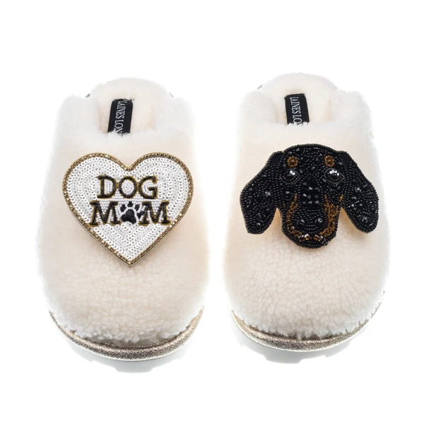 laines london Teddy Closed Toe Slippers With Little Sausage & Dog Mum / Mom Brooches
