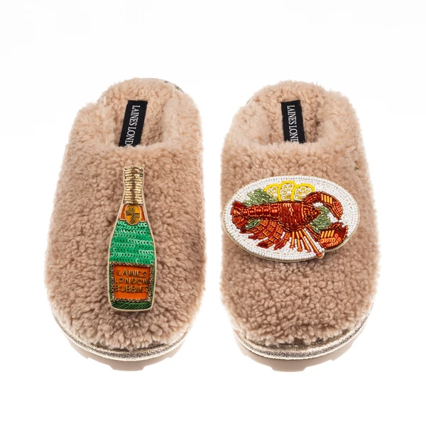 Laines London Teddy Closed Toe Slippers With Lobster Platter & Champagne Brooches