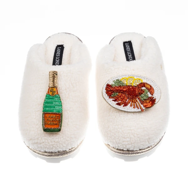 Laines London Teddy Closed Toe Slippers With Lobster Platter & Champagne Brooches