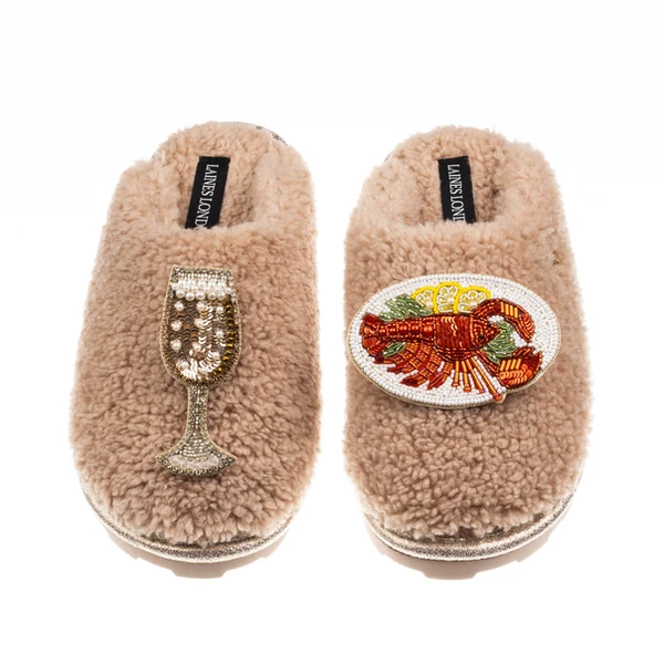 Laines London Teddy Closed Toe Slippers With Lobster Platter & Glass Of Fizz Brooches
