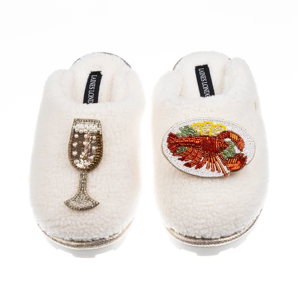 Laines London Teddy Closed Toe Slippers With Lobster Platter & Glass Of Fizz Brooches