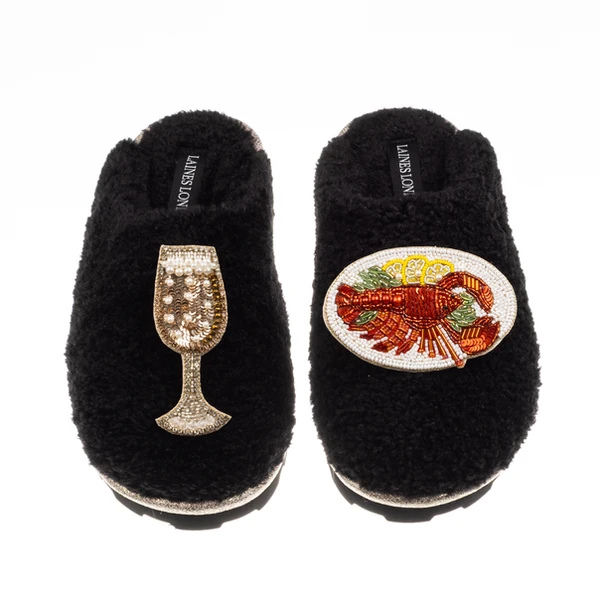Laines London Teddy Closed Toe Slippers With Lobster Platter & Glass Of Fizz Brooches
