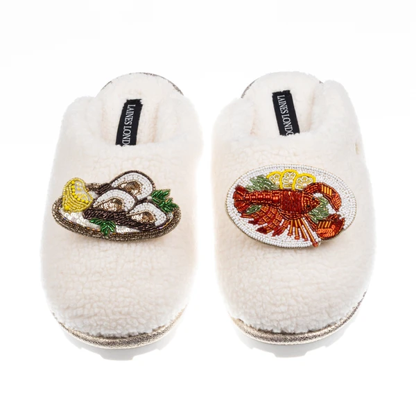 Laines London Teddy Closed Toe Slippers With Lobster Platter & Oyster Brooches