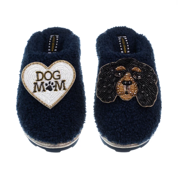 Laines London Teddy Closed Toe Slippers With Louie The Cavalier & Dog Mum / Mom Brooches