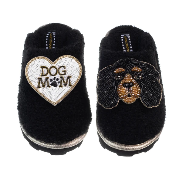 Laines London Teddy Closed Toe Slippers With Louie The Cavalier & Dog Mum / Mom Brooches
