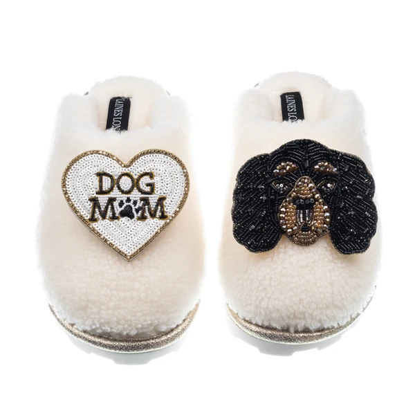 Laines London Teddy Closed Toe Slippers With Louie The Cavalier & Dog Mum / Mom Brooches