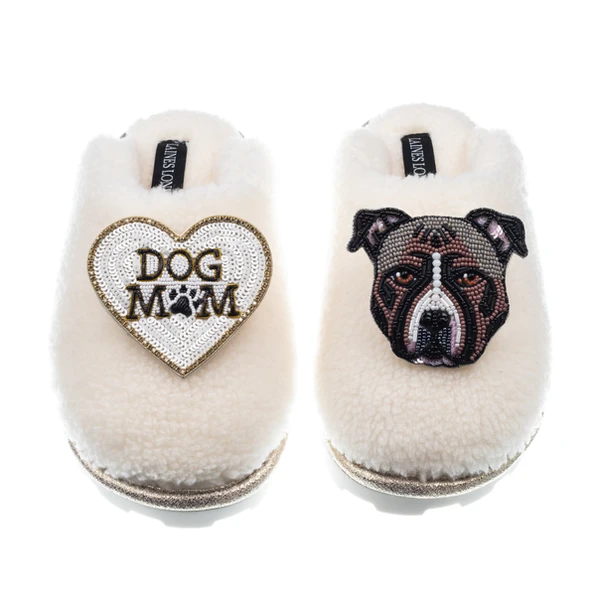 Laines London Teddy Closed Toe Slippers With Luna-Rose The Staffy & Dog Mum / Mom Brooches