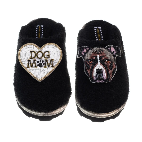 Laines London Teddy Closed Toe Slippers With Luna-Rose The Staffy & Dog Mum / Mom Brooches