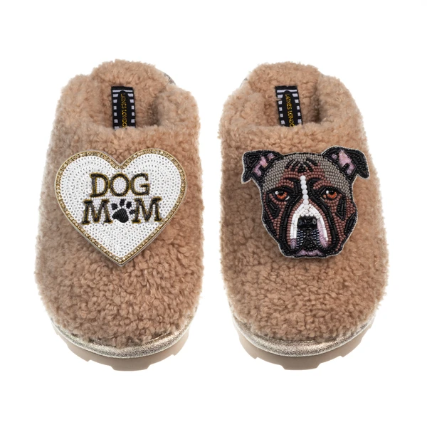 Laines London Teddy Closed Toe Slippers With Luna-Rose The Staffy & Dog Mum / Mom Brooches