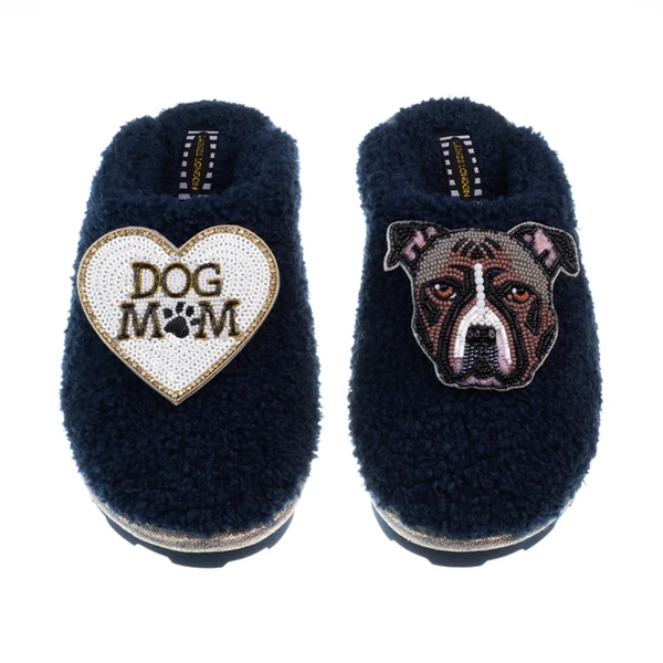 laines london Teddy Closed Toe Slippers With Luna-Rose The Staffy & Dog Mum / Mom Brooches