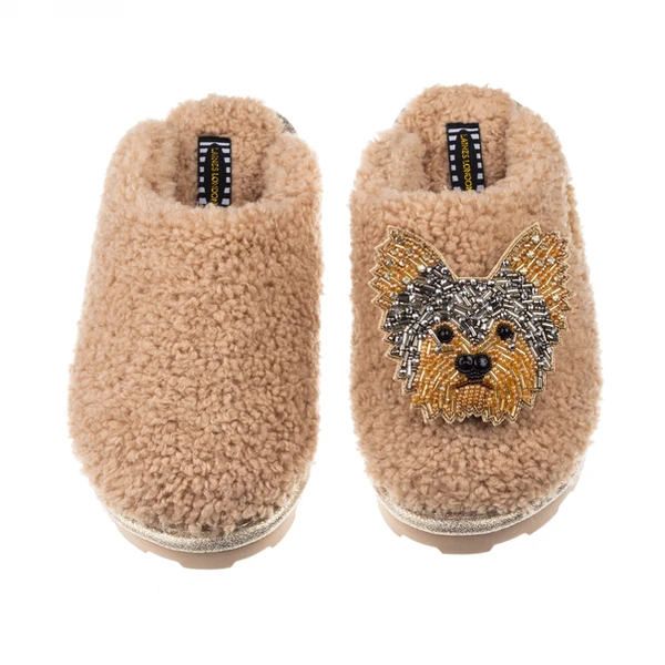 Laines London Teddy Closed Toe Slippers With Minnie The Yorkie Brooch