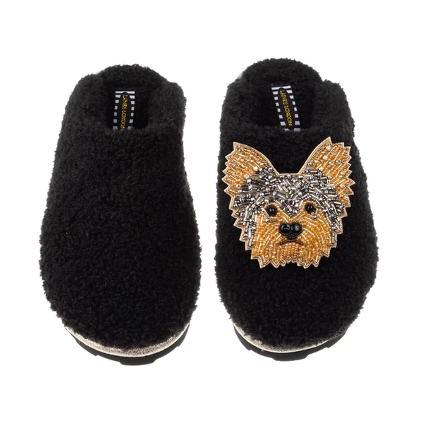 Laines London Teddy Closed Toe Slippers With Minnie The Yorkie Brooch