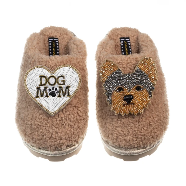 Laines London Teddy Closed Toe Slippers With Minnie The Yorkie & Dog Mum / Mom Brooches