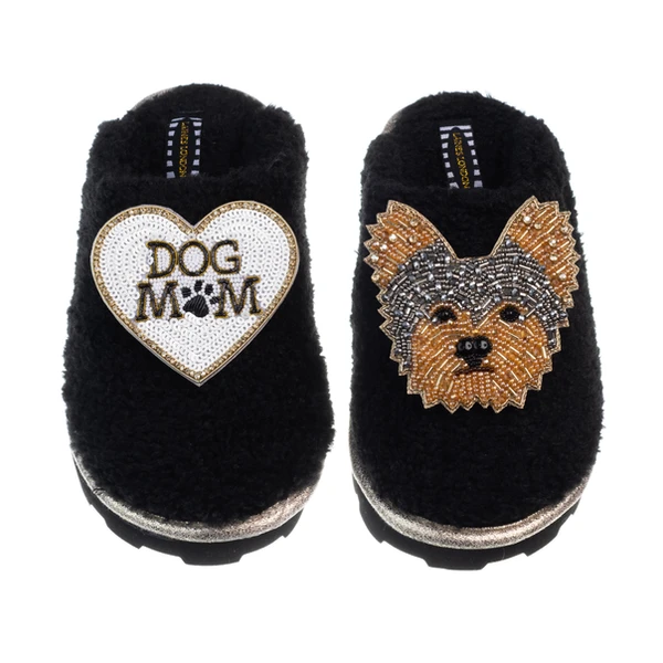 Laines London Teddy Closed Toe Slippers With Minnie The Yorkie & Dog Mum / Mom Brooches