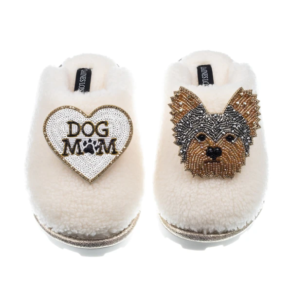 Laines London Teddy Closed Toe Slippers With Minnie The Yorkie & Dog Mum / Mom Brooches