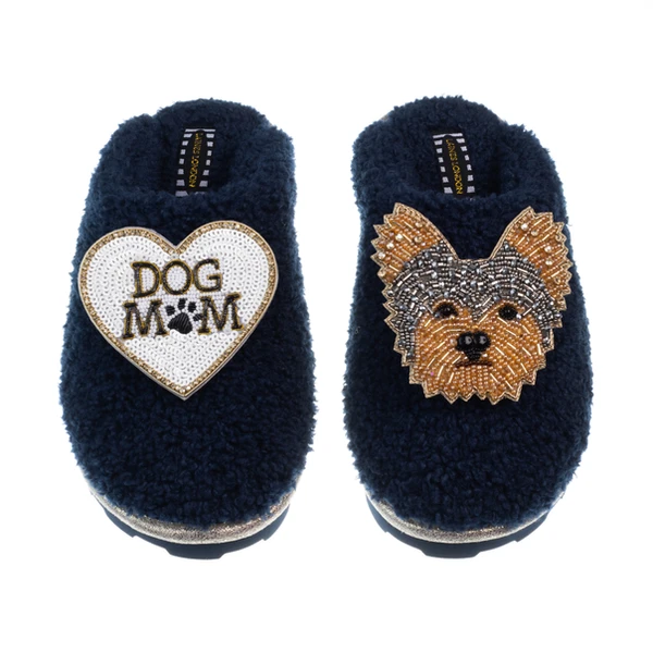 laines london Teddy Closed Toe Slippers With Minnie The Yorkie & Dog Mum / Mom Brooches