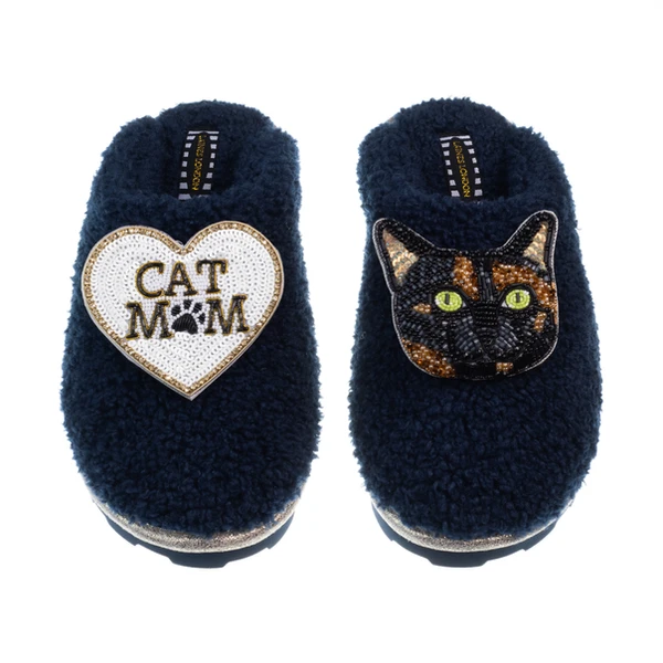 Laines London Teddy Closed Toe Slippers With Misty Cat & Cat Mum / Mom Brooches