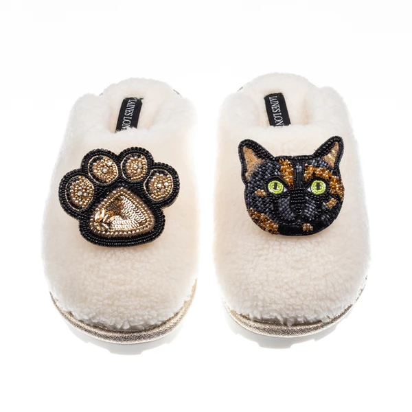Laines London Teddy Closed Toe Slippers With Misty Cat & Paw Brooches