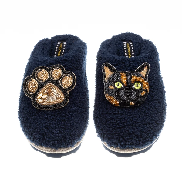 Laines London Teddy Closed Toe Slippers With Misty Cat & Paw Brooches
